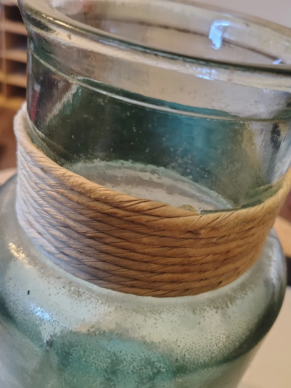 Large Vintage Style Recycled Glass Vase with Rope Accent